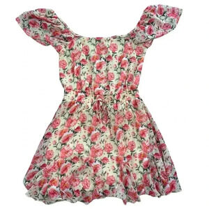 Rose Floral Pattern Dress Short Sleeve Fit Flare Mini, Size medium